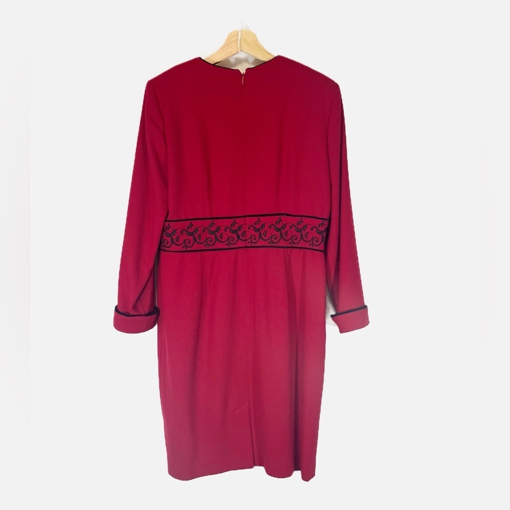 Talbots Petites 1980's Wool Red Midi Length Lined Dress Embroidered Waist Women - Picture 2 of 13